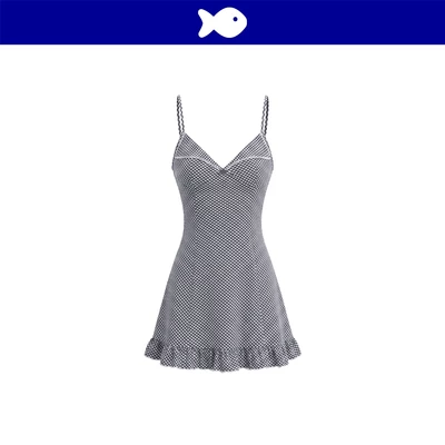 Đầm 2 dây sọc caro dáng xòe ngắn DKMV cổ gập đính ren trắng lai phối bèo màu xanh đen Allegra Dress | K-D63-XA