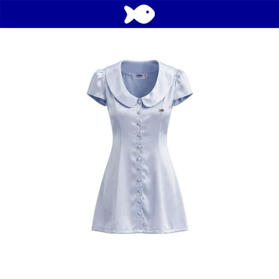 Đầm lụa xanh ngắn tay bồng cổ sen DKMV kèm quần bí bảo hộ cài nút bọc vải tiểu thư bo chun Monaco Dress | K-D68-X