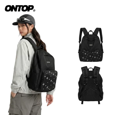 Balo họa tiết canvas local brand ONTOP nhiều ngăn đựng vừa laptop 14.3inches màu đen Level backpack | O-P29