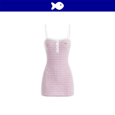 Đầm 2 dây ôm body kiểu nữ DKMV len lông thỏ caro màu tím phối nút bọc vải đính viền ren Amethyst Dress | K-D78-TI