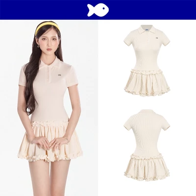 Đầm xòe ngắn cổ polo tay ngắn DKMV thiết kế đính viền bèo điệu đà đính logo cá inox màu kem Bomie Dress | K-D22-K