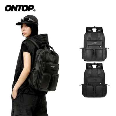 Balo đi học màu đen nam nữ ONTOP nhiều ngăn, vải canvas, da Triple Box Backpack Pos-Pro local brand |  O-P63