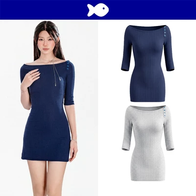 Đầm cổ thuyền kiểu nữ ôm dáng tay lửng DKMV đính hàng nút cá bên vai đáng yêu thun gân co giãn Amanii Dress | K-D73
