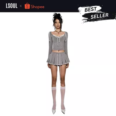 LSOUL Set Jennie Áo Hoodie Croptop Xám Có Mũ + Chân Váy Miniskirt Xếp Ly Phối Ren Calos B24031396