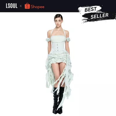 LSOUL Set Lotis Đầm Cúp Ngực Trễ Vai Tùng Bèo Tua Rua Kèm Đai Corset Tôn Eo Xanh Ngọc V24031601 A24032744