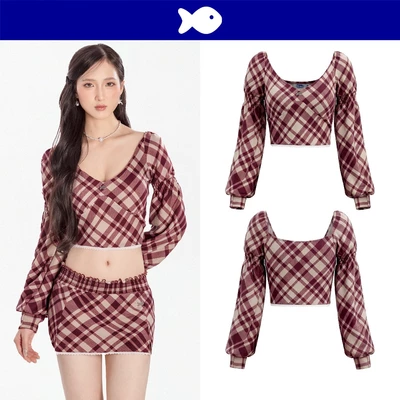 Áo tay bồng dài kiểu nữ ôm dáng DKMV croptop hoạ tiết caro phối viền ren nổi bật màu đỏ Rhodes Set | K-SET30-T