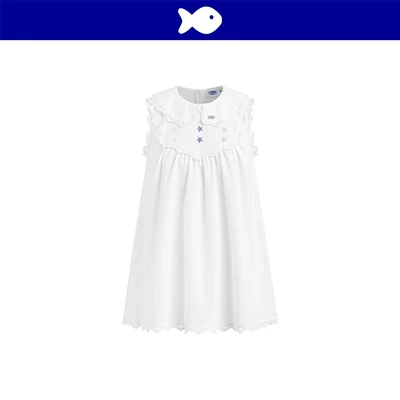 Đầm babydoll trắng cổ sen sát nách DKMV kèm quần bảo hộ phối ren điệu đà logo cá inox Milky Baby Doll Dress | K-D75-T