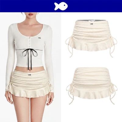 Chân váy ôm cạp thấp dây rút lai xoè DKMV sẵn quần bảo hộ thun nhũ lấp lánh logo cá màu kem Blush Mini Skirt | K-V5-K
