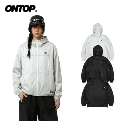 Áo gió 2 lớp có mũ chống nắng nam nữ ONTOP màu đen, xám trắng 2 túi ngực dọc nổi bật Nomad Shell Jacket | O-AK8