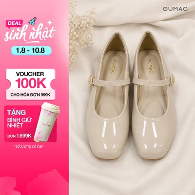 Giày Búp Bê Nữ GUMAC Da Bóng Gót Bệt Êm Chân Quai Khóa Kim Loại Mũi Bo Tròn Thanh Lịch Hiện Đại GG10016