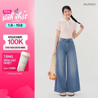Quần Jean Nữ GUMAC Ống Vẩy Loe Wash Xanh Nhẹ Tôn Chân Dáng Dài Dễ Phối Đồ YQJG06016