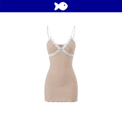 Đầm 2 dây caro dáng ngắn kiểu nữ DKMV ngực phối viền ren trắng đính logo cá inox màu be ôm Vienna Dress | K-D71-B