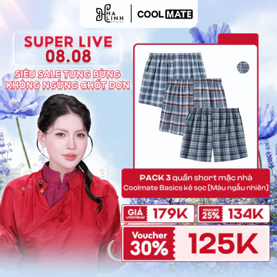 [VÕ HÀ LINH X COOLMATE]Combo Pack 3 quần mặc nhà Boxer short Coolmate basics kẻ sọc [MÀU NGẪU NHIÊN]
