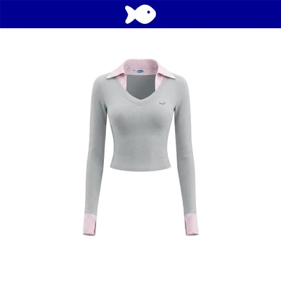 Áo thun tay dài phối cổ sơ mi kiểu nữ DKMV xẻ lai tay cổ tim đáng yêu màu xám sọc hồng logo cá Mina Top | K-T65-X