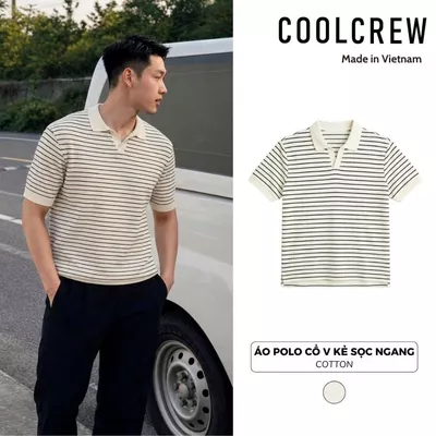 Áo Polo Cổ V Kẻ Sọc Ngang 𝐂𝐎𝐎𝐋𝐂𝐑𝐄𝐖 Hoạ Tiết Xương Cá Form Rộng Unisex Phong Cách Mùa Hè Năng Động Thoáng Mát APN178