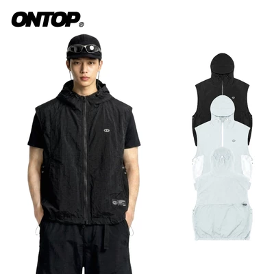 Áo khoác gile gió có mũ ONTOP màu đen 2 lớp phối lưới có túi trong kèm dây rút Mesh-Panel Hooded | O-AK17