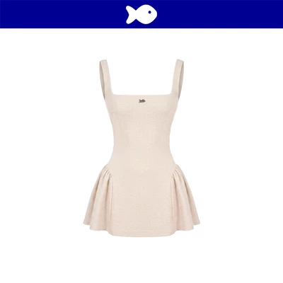Đầm cổ vuông kiểu nữ 2 dây bản to DKMV chất liệu tweed form xoè đính logo cá inox màu be Caroline Dress | K-D42-TB