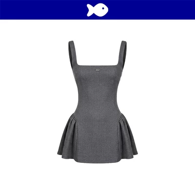Đầm 2 dây kiểu nữ cổ vuông DKMV phối logo cá inox chất tweed điệu đà dáng xoè màu xám Caroline Dress | K-D42-TX