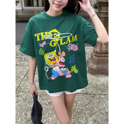 TheGlam CHÍNH HÃNG - Áo Thun Boxy “SpongeBob & Patrick” UNISEX Áo hè - Màu Đen/Xanh rêu - TS06-03