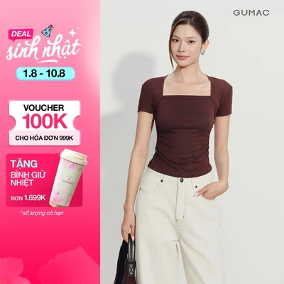 Áo Thun Nữ GUMAC Form Ôm Cổ Vuông Tay Ngắn Nhún Eo Cong Nữ Tính Hiện Đại Thanh Lịch Công Sở ATG08041