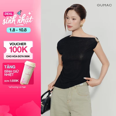 Áo Thun Nữ GUMAC Form Slim Cổ Lệch Phối Khoen Kim Loại Tay Ngắn Nhún Eo Tôn Dáng Nữ Tính ATG08066