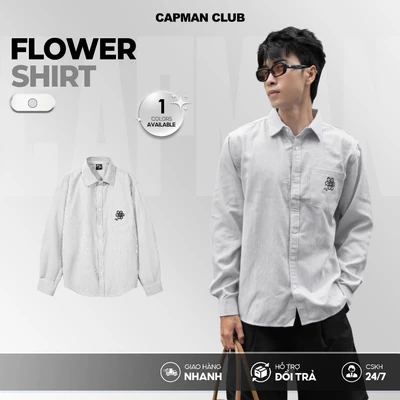 Áo sơ mi nam tay dài FLOWER sọc Oxford phom rộng CAPMAN CLUB, sơ mi unisex thêu hoa trẻ trung