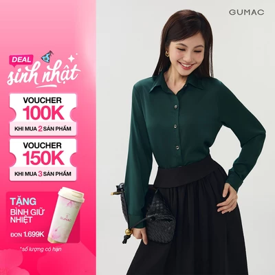 Áo Sơ Mi Nữ GUMAC Form Suông Tay Dài Lụa Ánh Nhung Mềm Mại Đứng Form Hiện Đại Thanh Lịch Công Sở LAG07100