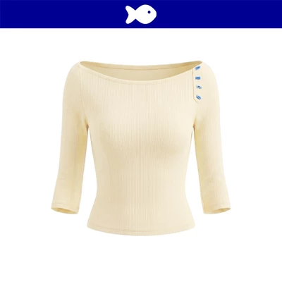 Áo nữ kiểu tay lửng cổ thuyền ôm dáng DKMV đính nút cá điệu đà thun co giãn màu vàng Adhara Top | K-T71-V