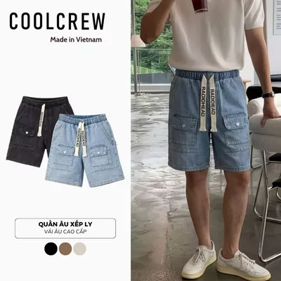 Quần Short Jean Cạp Chun 𝐂𝐎𝐎𝐋𝐂𝐑𝐄𝐖 Form Rộng Dây Rút Bản To Streetwear Phong Cách Hàn Quốc