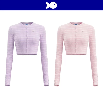 Áo croptop nữ tay dài cổ tròn DKMV chất len lông thỏ caro cài cúc dọc thân đính logo cá inox ôm Gudrun Set | K-SET31-T