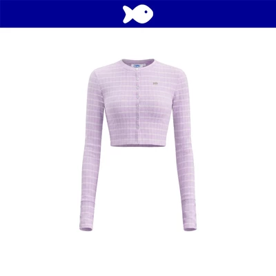 Áo tay dài kiểu nữ dáng croptop DKMV gài nút dọc thân chất len lông thỏ caro màu tím logo cá Gudrun Set | K-SET31-T-TI