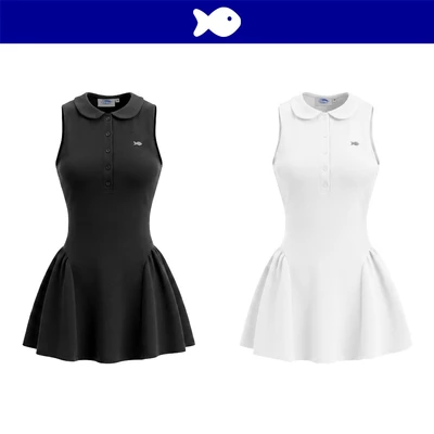 Đầm sát nách kiểu nữ cổ sen DKMV tà váy xoè phồng gài cúc áo trước ngực đính logo cá inox Garbo Dress | K-D74