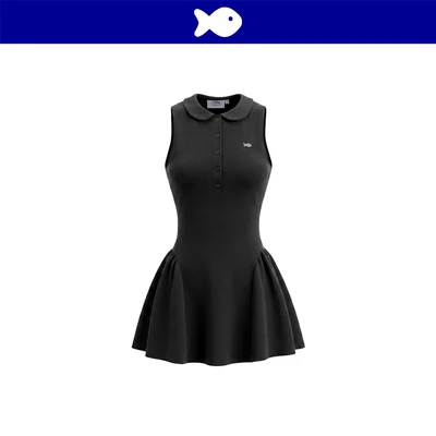 Đầm thun nữ kiểu sát nách dáng ngắn DKMV cổ sen tà váy xòe phồng phối logo cá inox màu đen Garbo Dress | K-D74-D