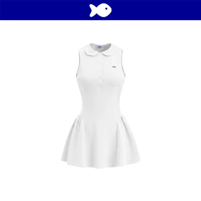Đầm nữ cổ sen dáng sát nách ngắn DKMV form xòe phồng đính logo cá inox màu trắng cài cúc Garbo Dress | K-D74-T