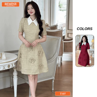 Đầm thiết kế BEMINE cổ đức tùng váy đính hoa cao cấp dáng chữ A phù hợp đi tiệc-T107