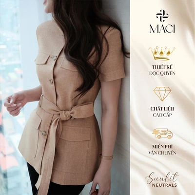 Áo Kí Giả Cổ Tròn Túi Ốp Kèm Đai Chất Chéo Thái MACI MCAABNA0391 Thời Trang Nữ Thiết Kế Độc Quyền