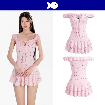 Đầm trễ vai kiểu nữ chấm bi DKMV dáng xòe tầng thắt nơ nhiều kiểu mang phối bèo màu hồng Valencia Dress | K-D72-H