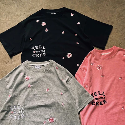Áo thun tay ngắn cổ tròn YELLOW FLICKER họa tiết hoa đào thêu unisex