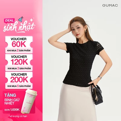 Áo Thun Ren Nữ GUMAC Áo Thun Kiểu Tay Ngắn Cổ Tròn Ôm Nhẹ Co Giãn Thanh Lịch LATF0918