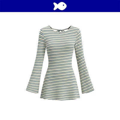 Đầm tay loe kiểu nữ khoét lưng buộc nơ DKMV len sọc chéo phối màu nổi bật đính logo cá inox Titania Dress | K-D81