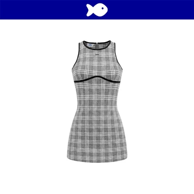 Đầm sát nách dáng ngắn chữ A DKMV hoạ tiết kẻ caro màu xám phối viền đen logo cá inox đáng yêu Lullaby Dress | K-D84