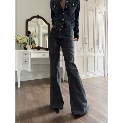 RUBIES Domic Jeans - Quần Dài Nữ Vải Jean Mềm Cạp Trễ Ống Loe