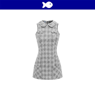 Đầm chữ A sát nách cổ sen phối ren DKMV thiết kế 2 túi vuông to hoạ tiết sọc caro màu xám logo cá Harmony Dress | K-D83