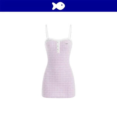 Đầm 2 dây ôm body kiểu nữ DKMV len lông thỏ caro màu tím phối nút bọc vải đính viền ren Amethyst Dress | K-D78-TI