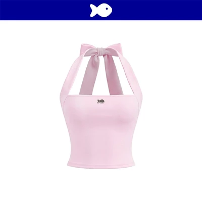 Áo kiểu nữ cổ yếm thắt nơ croptop DKMV đính logo cá inox ôm dáng thun co giãn màu hồng Chime Set | K-SET35-T-H