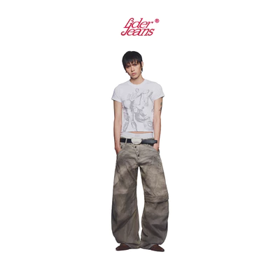 LIDER Jeans | Quần Jeans Washed Màu Ống Cong Unisex LIDER CEMENT SERVICE CURVE JEANS