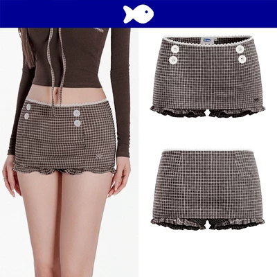 Set chân váy ngắn kèm quần bí cạp trễ DKMV thun sọc caro màu nâu lưng phối viền ren trắng ôm dáng Sahara Skirt | K-V17-N