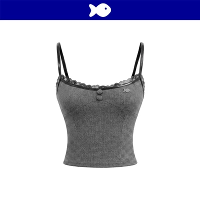 Áo 2 dây kiểu nữ croptop ôm DKMV phối dây da viền ren đen đính logo cá chất umi xám sọc caro Clarion Set | K-SET33-T-X