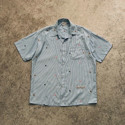 Bộ sơ mi tay ngắn và quần short YELLOW FLICKER họa tiết star sọc xanh unisex