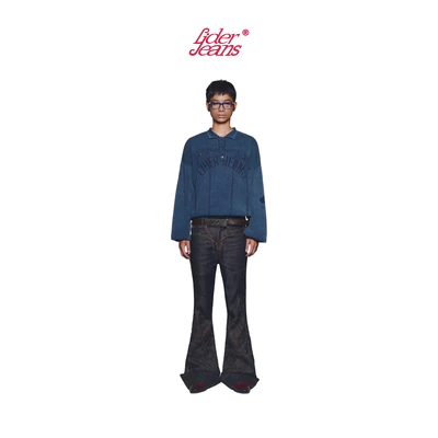 LIDER Jeans | Quần Jeans Ống Loe Unisex Thêu Chỉ Nổi Washed Màu LIDER AGED FOLDOVER FLARE JEANS